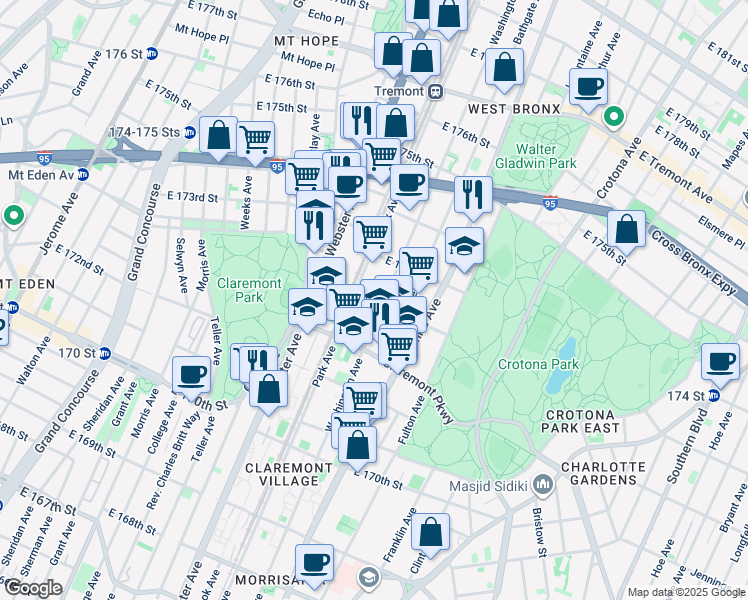 map of restaurants, bars, coffee shops, grocery stores, and more near 1627 Washington Avenue in The Bronx