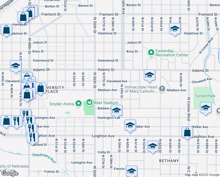 map of restaurants, bars, coffee shops, grocery stores, and more near 5734 Madison Avenue in Lincoln