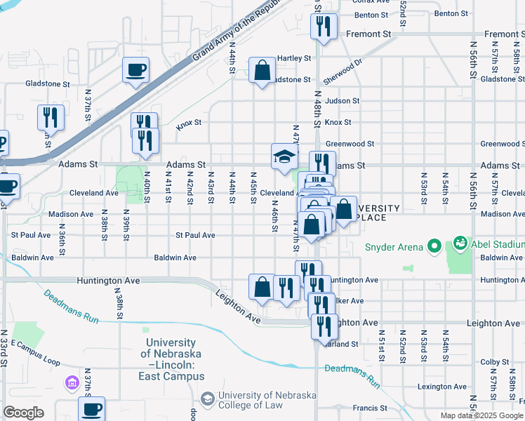map of restaurants, bars, coffee shops, grocery stores, and more near 4518 Madison Avenue in Lincoln