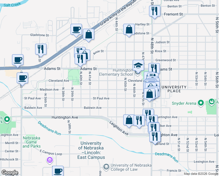 map of restaurants, bars, coffee shops, grocery stores, and more near 4306 Madison Avenue in Lincoln