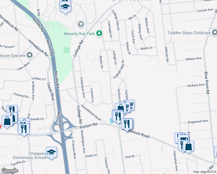 map of restaurants, bars, coffee shops, grocery stores, and more near 1294 Waverly Avenue in Farmingville