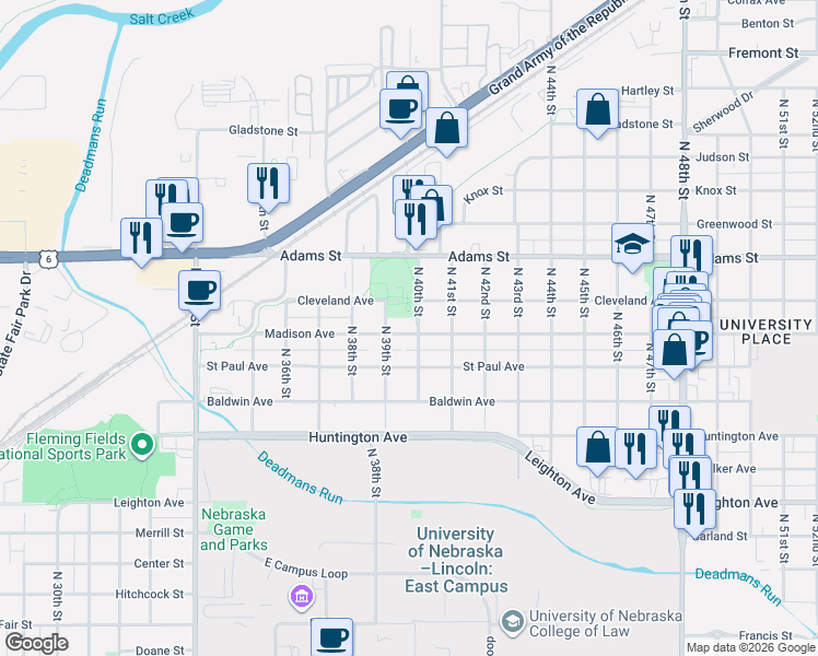 map of restaurants, bars, coffee shops, grocery stores, and more near 3930 Madison Avenue in Lincoln