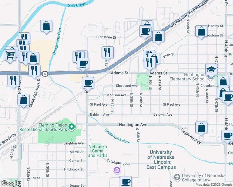 map of restaurants, bars, coffee shops, grocery stores, and more near 3618 Madison Avenue in Lincoln