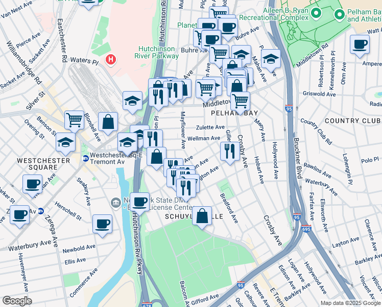 map of restaurants, bars, coffee shops, grocery stores, and more near 1492 Mayflower Avenue in Bronx