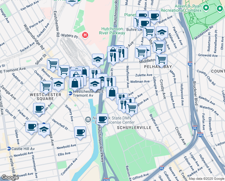 map of restaurants, bars, coffee shops, grocery stores, and more near 1500 Hutchinson River Parkway East in The Bronx