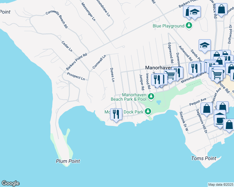 map of restaurants, bars, coffee shops, grocery stores, and more near 2 Dunes Lane in Port Washington