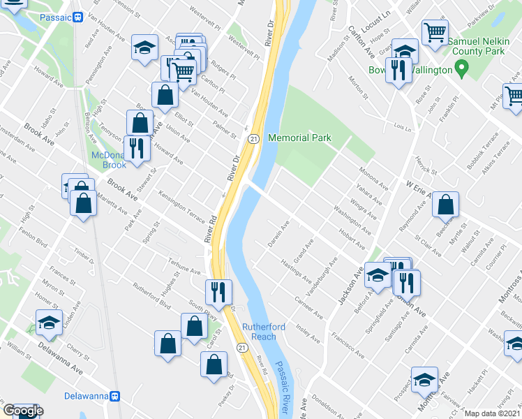 map of restaurants, bars, coffee shops, grocery stores, and more near 84 Clark Court in Rutherford