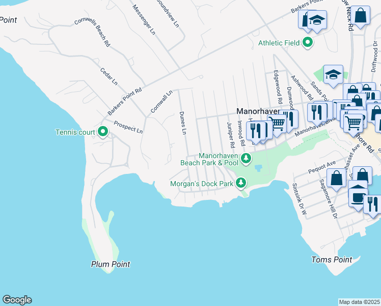 map of restaurants, bars, coffee shops, grocery stores, and more near 2 Dunes Lane in Port Washington