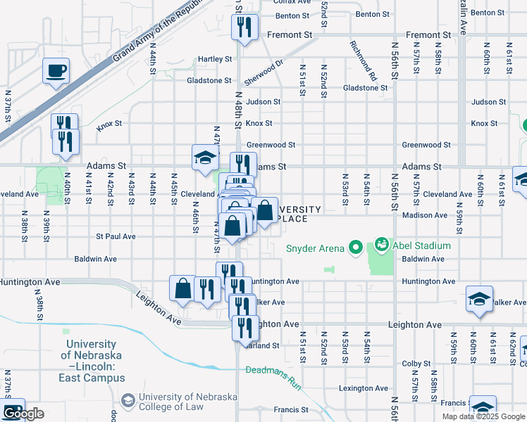 map of restaurants, bars, coffee shops, grocery stores, and more near 4902 Madison Avenue in Lincoln
