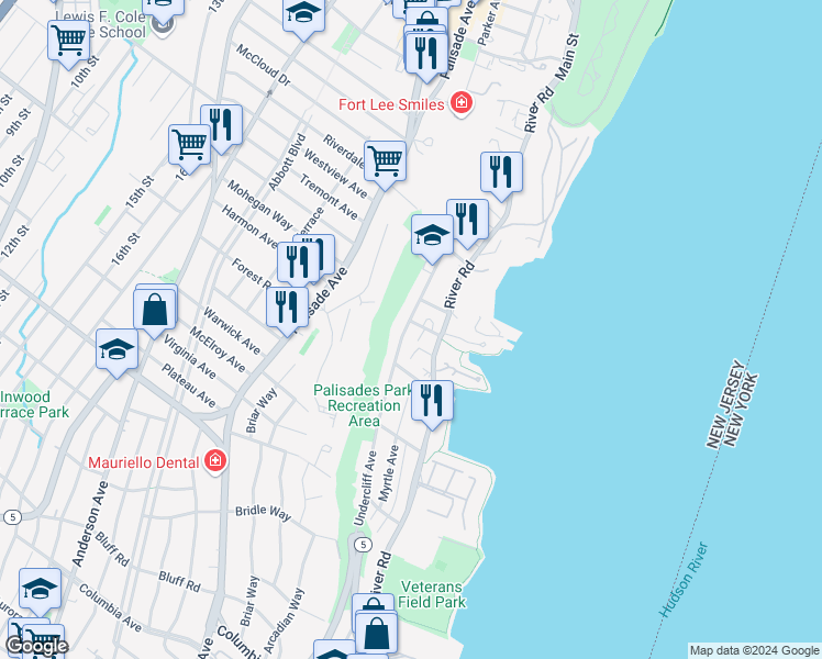 map of restaurants, bars, coffee shops, grocery stores, and more near 743 Undercliff Avenue in Edgewater