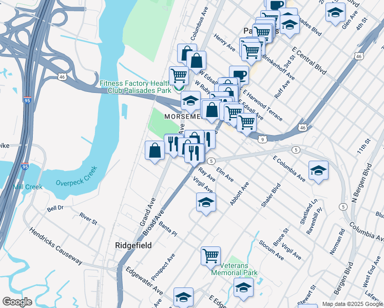 map of restaurants, bars, coffee shops, grocery stores, and more near 1000 Elm Avenue in Ridgefield