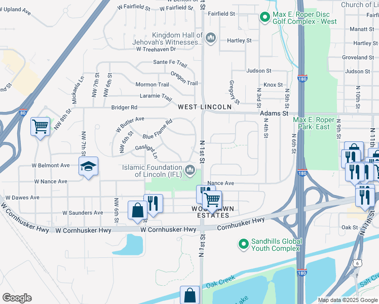 map of restaurants, bars, coffee shops, grocery stores, and more near 106 Gaslight Lane in Lincoln