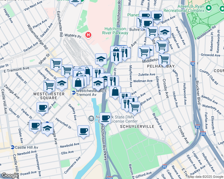 map of restaurants, bars, coffee shops, grocery stores, and more near 1500 Hutchinson River Parkway East in The Bronx