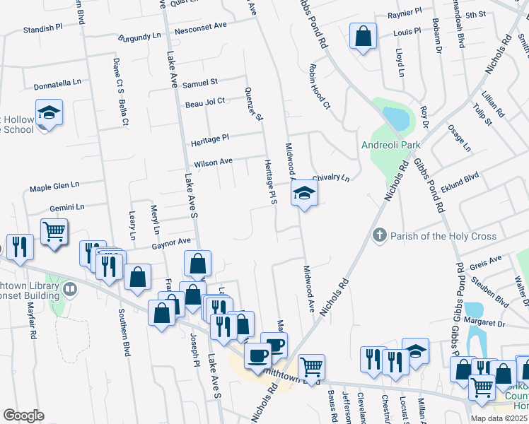 map of restaurants, bars, coffee shops, grocery stores, and more near 4 Maiden Lane in Nesconset