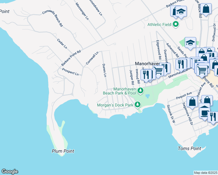 map of restaurants, bars, coffee shops, grocery stores, and more near 2 Dunes Lane in Port Washington