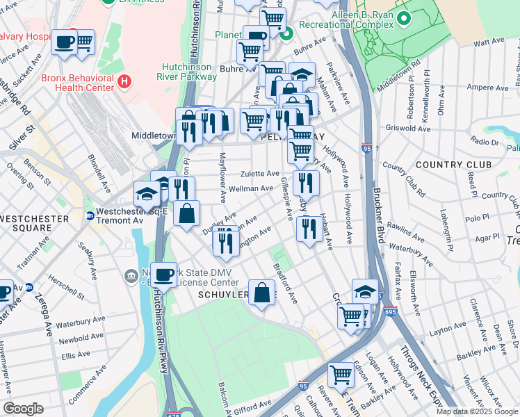 map of restaurants, bars, coffee shops, grocery stores, and more near 2886 Dudley Avenue in Bronx