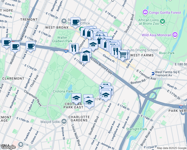map of restaurants, bars, coffee shops, grocery stores, and more near in The Bronx