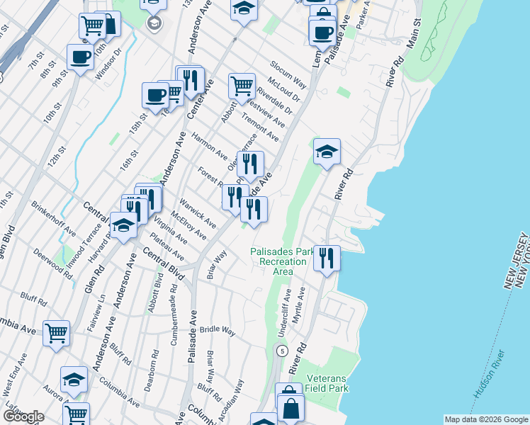 map of restaurants, bars, coffee shops, grocery stores, and more near 16 Horizon Road in Fort Lee