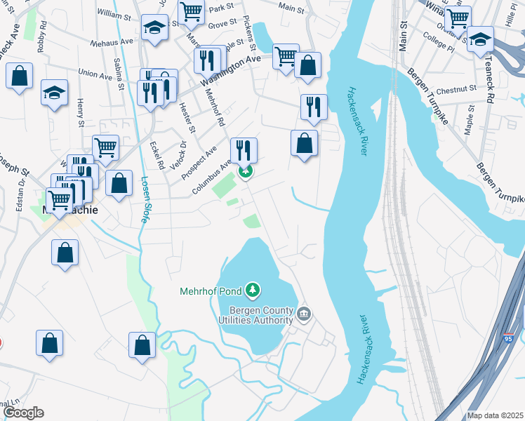 map of restaurants, bars, coffee shops, grocery stores, and more near 190 Mehrhof Road in Little Ferry