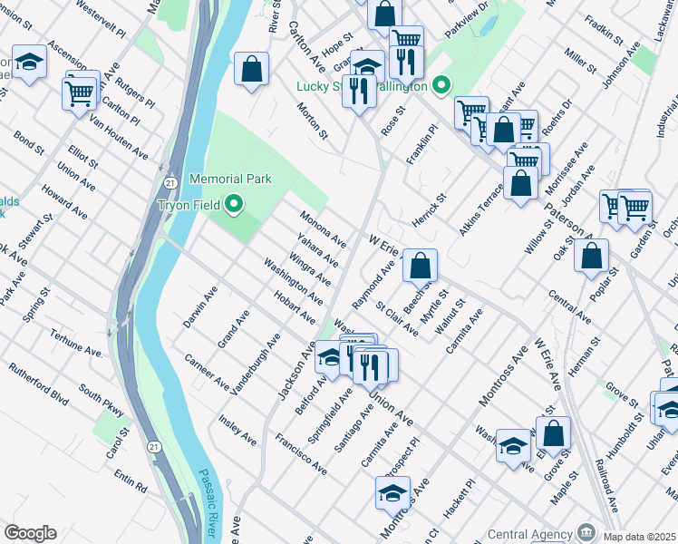 map of restaurants, bars, coffee shops, grocery stores, and more near 40 Jackson Avenue in Rutherford