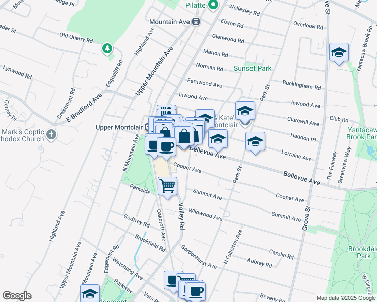 map of restaurants, bars, coffee shops, grocery stores, and more near 204 Bellevue Avenue in Montclair