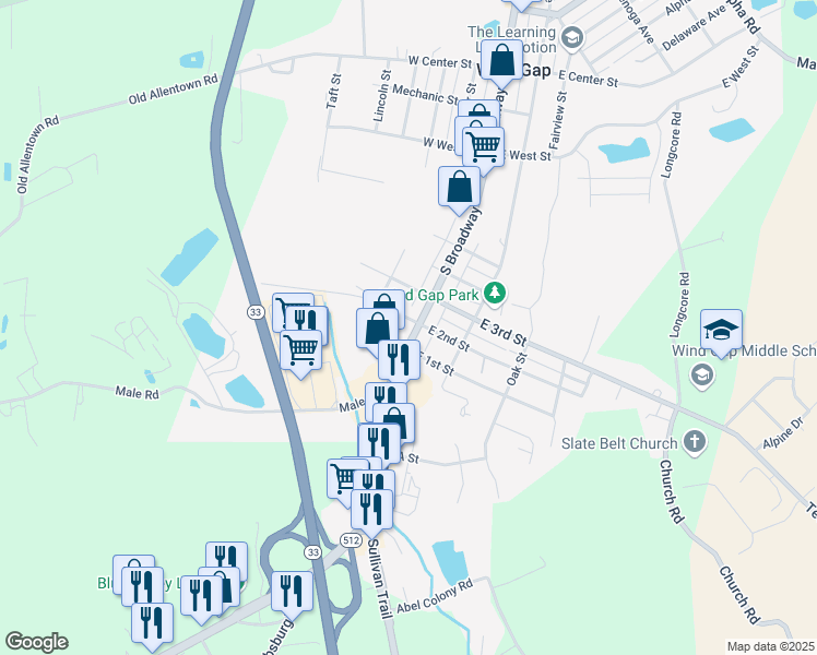 map of restaurants, bars, coffee shops, grocery stores, and more near 704 South Broadway in Wind Gap