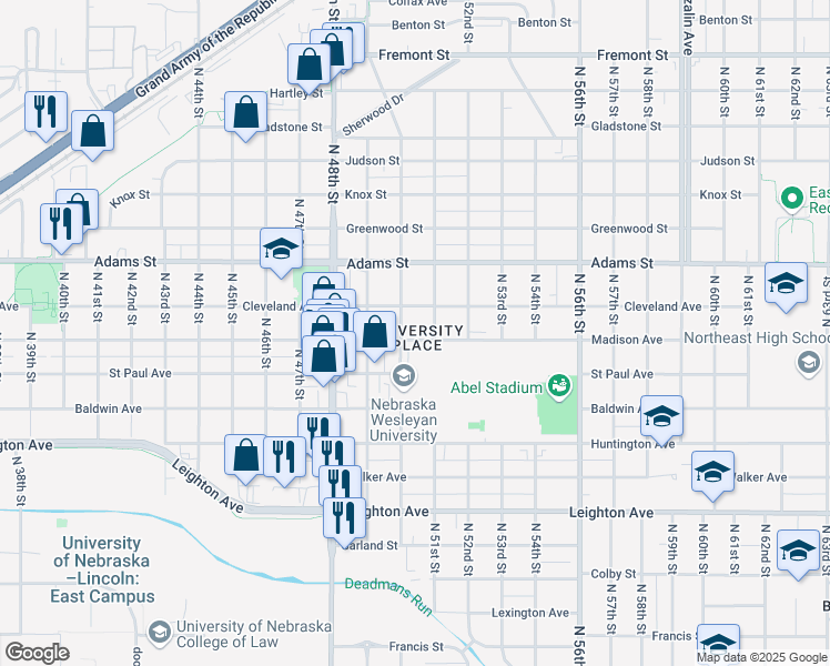 map of restaurants, bars, coffee shops, grocery stores, and more near 5018 Madison Avenue in Lincoln