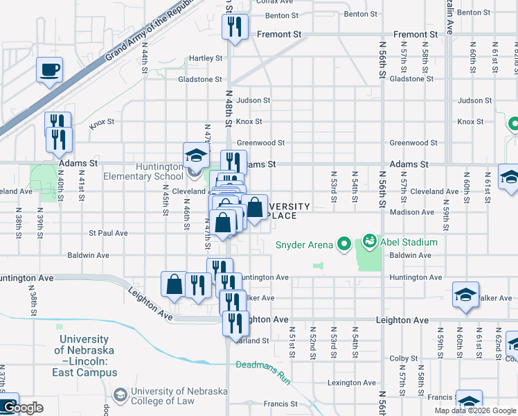 map of restaurants, bars, coffee shops, grocery stores, and more near 4842 Madison Avenue in Lincoln