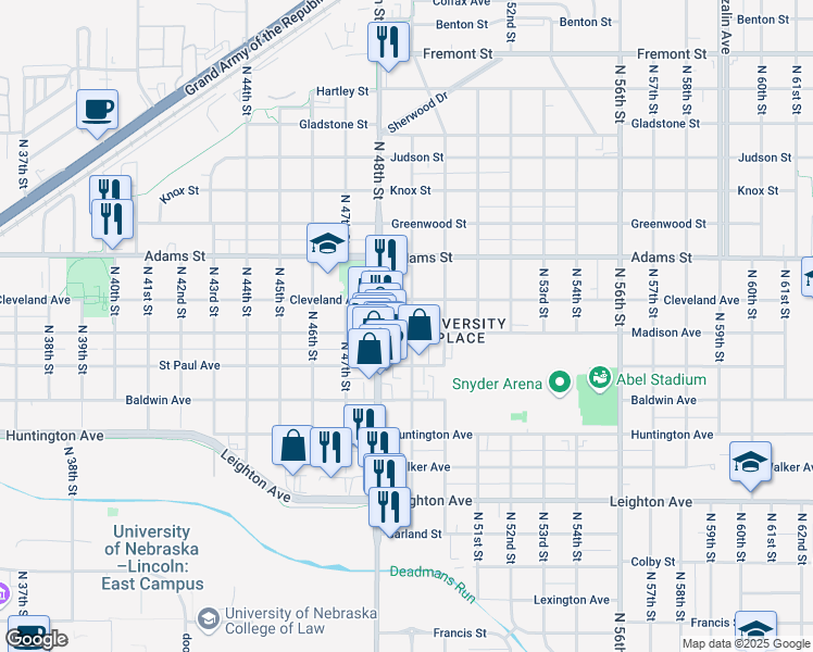 map of restaurants, bars, coffee shops, grocery stores, and more near 4842 Madison Avenue in Lincoln