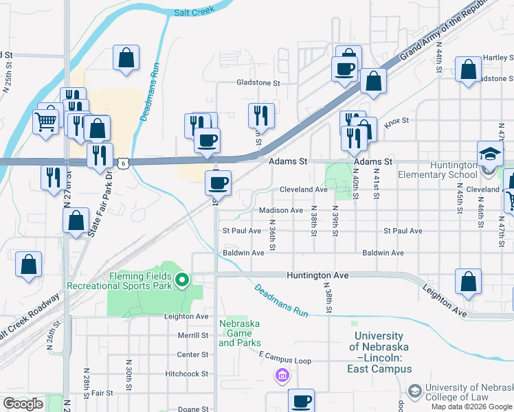 map of restaurants, bars, coffee shops, grocery stores, and more near 3510 Madison Avenue in Lincoln