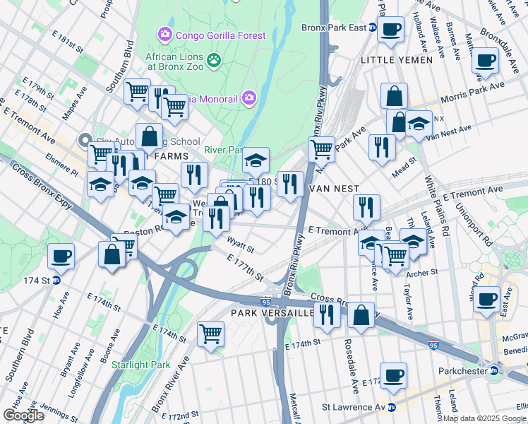 map of restaurants, bars, coffee shops, grocery stores, and more near 428 Bronx Park Avenue in The Bronx