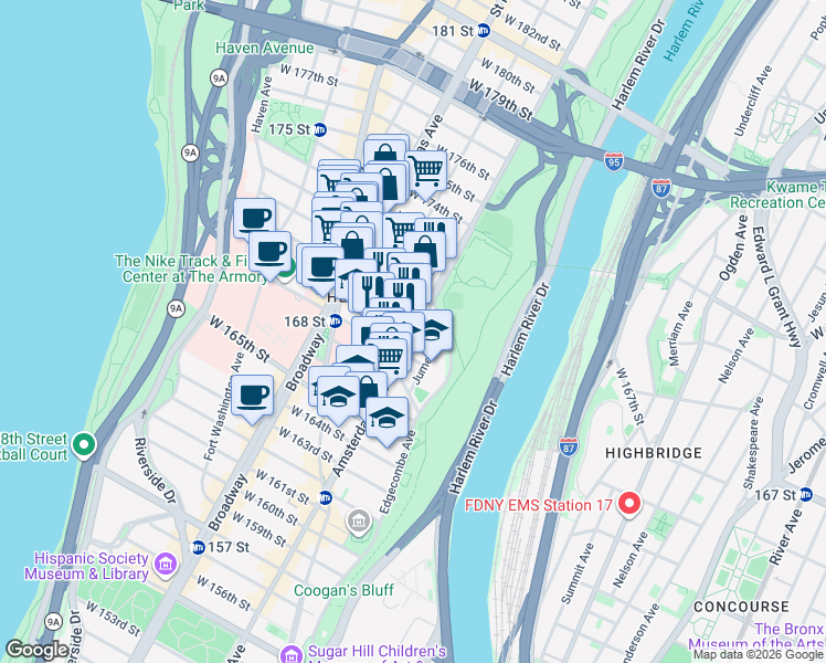 map of restaurants, bars, coffee shops, grocery stores, and more near Amsterdam Ave & W 169th St in New York