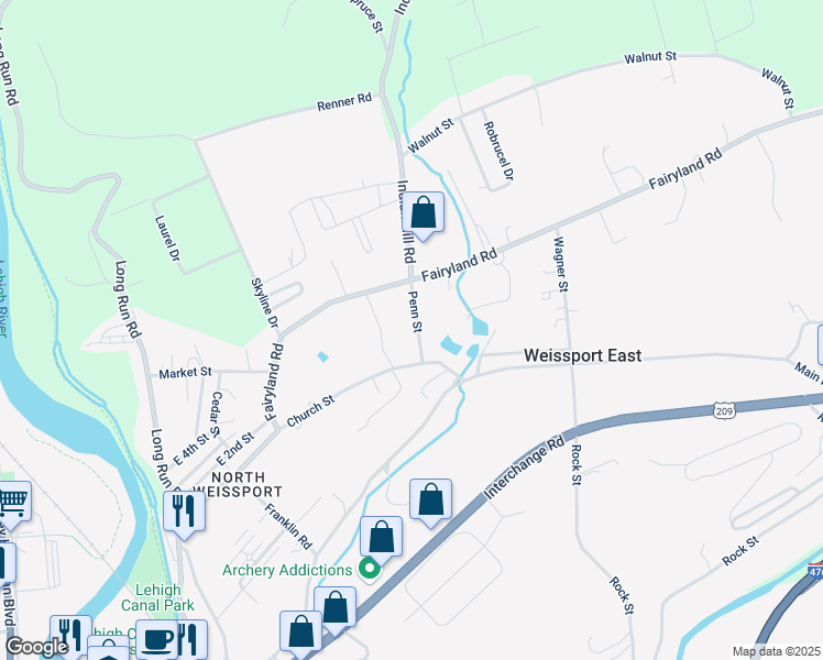 map of restaurants, bars, coffee shops, grocery stores, and more near 166 Penn Street in Lehighton