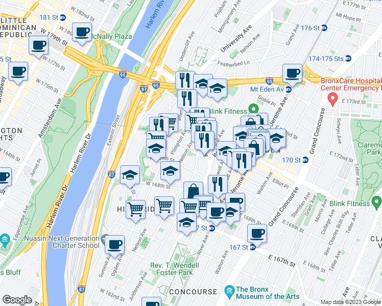 map of restaurants, bars, coffee shops, grocery stores, and more near 1340 Nelson Avenue in Bronx