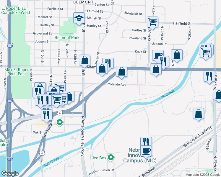 map of restaurants, bars, coffee shops, grocery stores, and more near 1601 Yolande Avenue in Lincoln