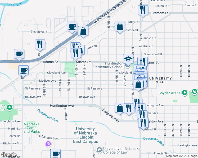 map of restaurants, bars, coffee shops, grocery stores, and more near 4306 Madison Avenue in Lincoln