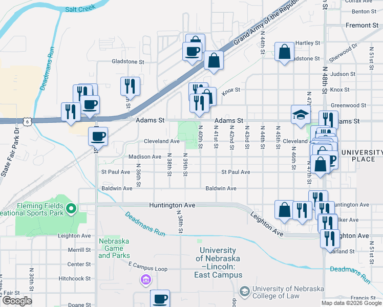 map of restaurants, bars, coffee shops, grocery stores, and more near 3930 Madison Avenue in Lincoln