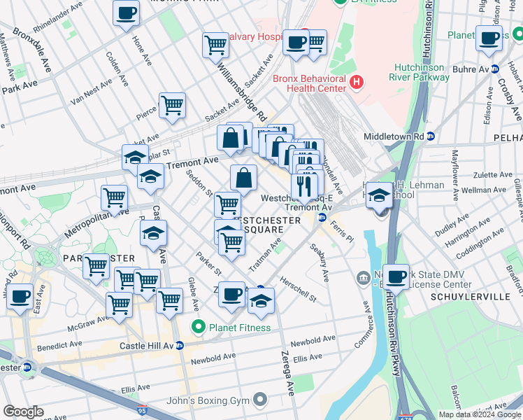 map of restaurants, bars, coffee shops, grocery stores, and more near 2514 Glebe Avenue in The Bronx