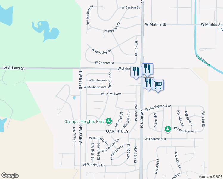 map of restaurants, bars, coffee shops, grocery stores, and more near 2710 Northwest 53rd Street in Lincoln