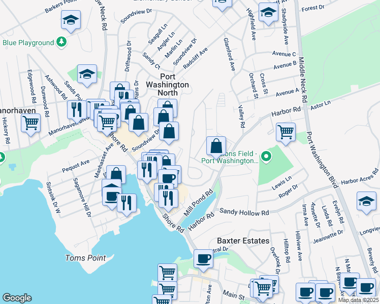 map of restaurants, bars, coffee shops, grocery stores, and more near 249 Pond View Drive in Port Washington