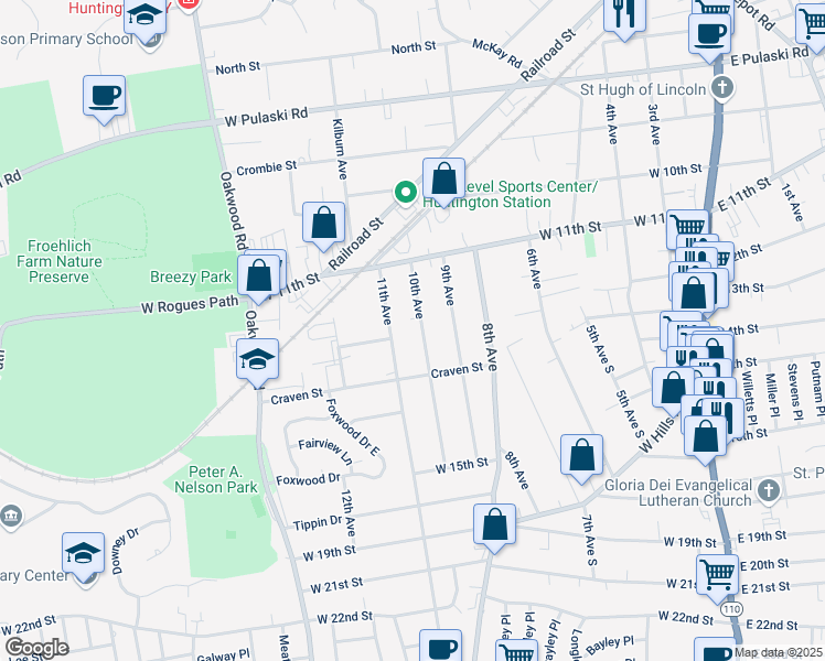 map of restaurants, bars, coffee shops, grocery stores, and more near 31 10th Avenue in Huntington Station