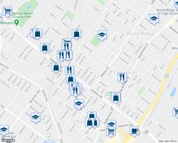 map of restaurants, bars, coffee shops, grocery stores, and more near 557 Broad Street in Carlstadt