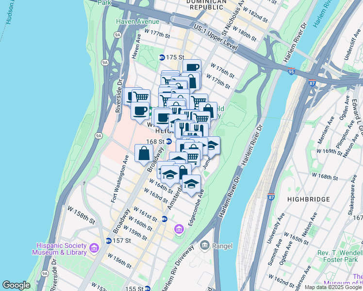 map of restaurants, bars, coffee shops, grocery stores, and more near Audubon Ave & W 168th St in New York