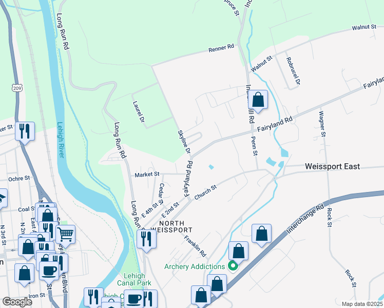 map of restaurants, bars, coffee shops, grocery stores, and more near 446 Fairyland Road in Lehighton