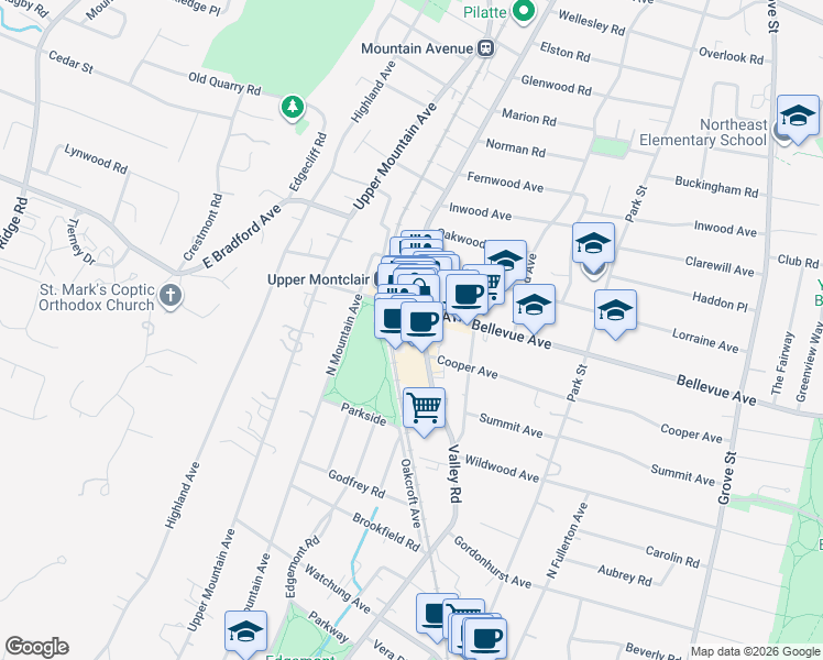 map of restaurants, bars, coffee shops, grocery stores, and more near 590 Valley Road in Montclair
