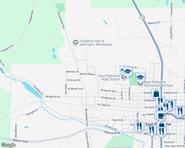 map of restaurants, bars, coffee shops, grocery stores, and more near 618 Neely Manor in East Palestine
