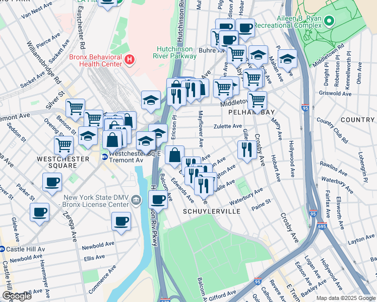 map of restaurants, bars, coffee shops, grocery stores, and more near 2832 Maitland Avenue in The Bronx