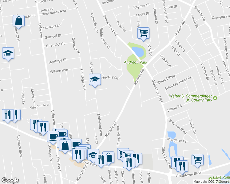 map of restaurants, bars, coffee shops, grocery stores, and more near 99 Midwood Avenue in Nesconset