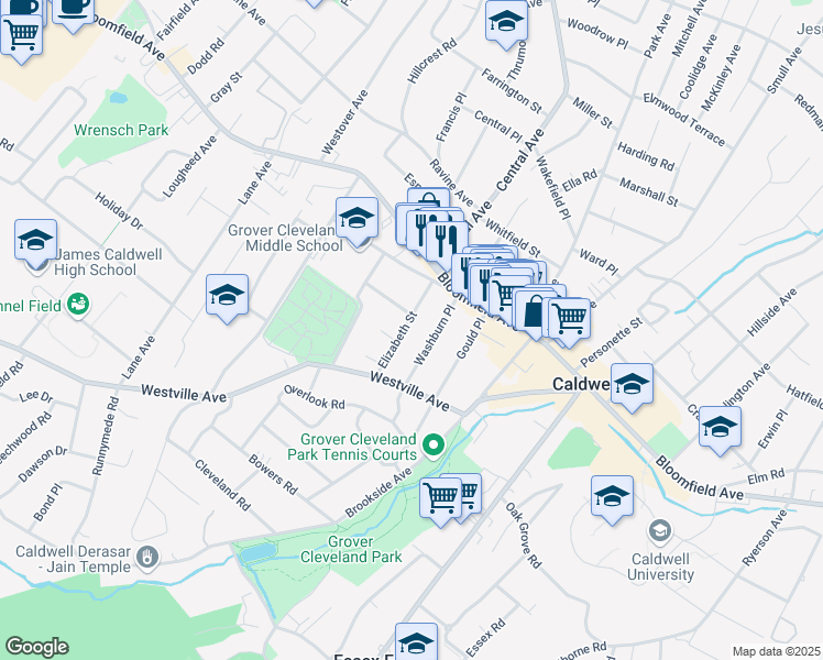 map of restaurants, bars, coffee shops, grocery stores, and more near 22 Elizabeth Street in Caldwell
