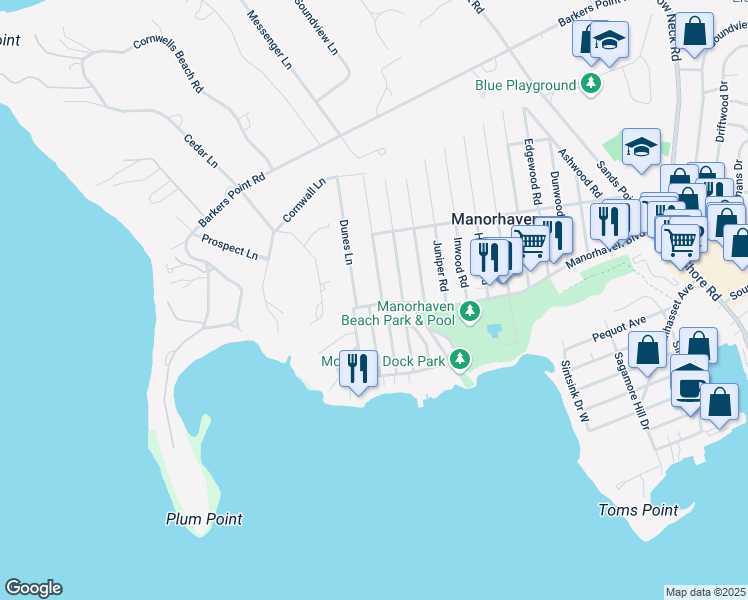 map of restaurants, bars, coffee shops, grocery stores, and more near 2 Dunes Lane in Port Washington